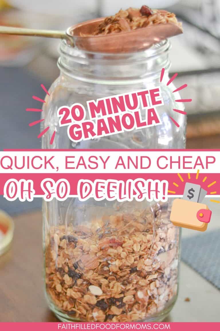 homemade granola in a mason jar with scoop on top and words saying 20 minute granola, quick, easy and cheap. Oh so deelish