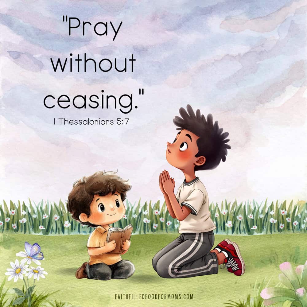 Encouraging Children to Pray in Everyday Life two little boys (one older) praying and reading their bible.