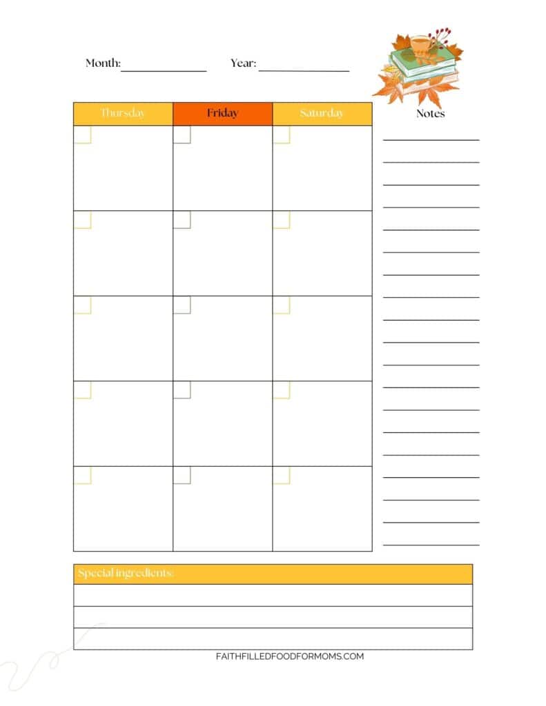 Monthly fall meal planner calendar printable