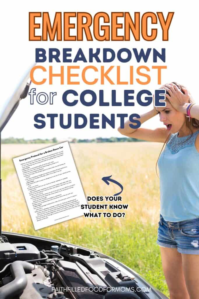 Emergency Checklist for when you breakdown on the road for college students girl looking at her car engine with the hood up. it appears to be broken down