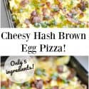 Easy Cheesy Hash Brown and Egg Breakfast Pizza! Such an easy meal and so good for you! Our family loves this easy breakfast pizza. With only 5 ingredients you can have this whipped up from everyday foods you have in your cupboard. Can also be made ahead and frozen in individual portions! YAY!
