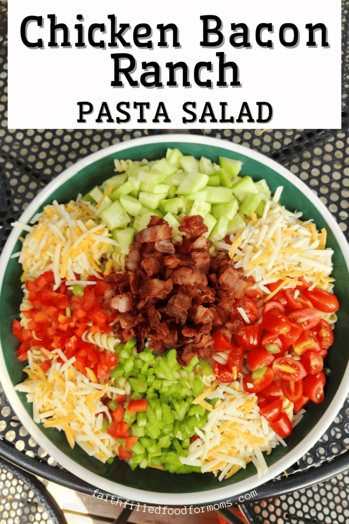 Best Chicken Bacon Ranch Pasta Salad Recipe Ever Beautiful bowl of pasta, crisp bacon, cheese, cucumbers, celery, red peppers, green onions ready to be mixed for the Best Chicken Bacon Ranch Pasta Salad Recipe Ever