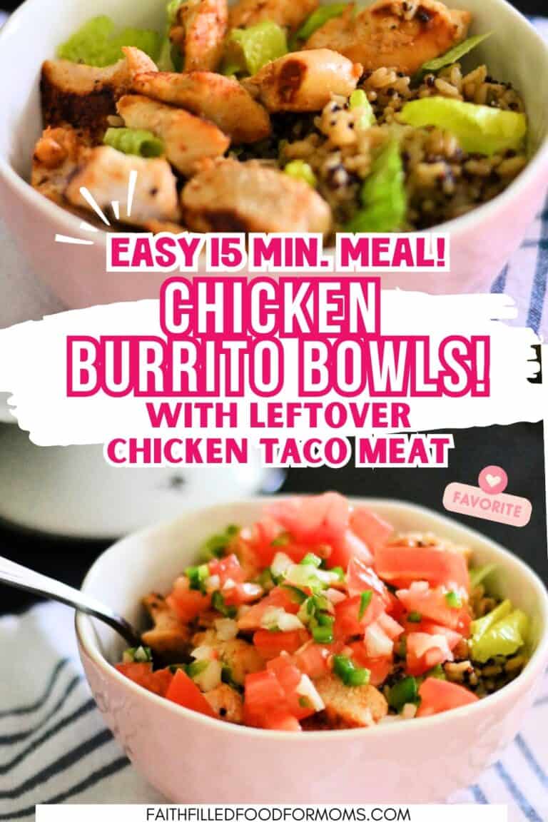Chicken Burrito Bowl in a pin and white bowl with a fork coming out of it. All the fixings on top, Pico de gallo tops this dish off!