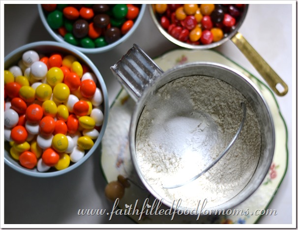 Fall themed Cookies dry baking ingredients in a sifter with M & M's all around