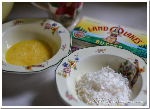 Coconut Lemon Thumbprint Meringue Cookie Recipe showing ingredients, butter, coconut, beaten egg