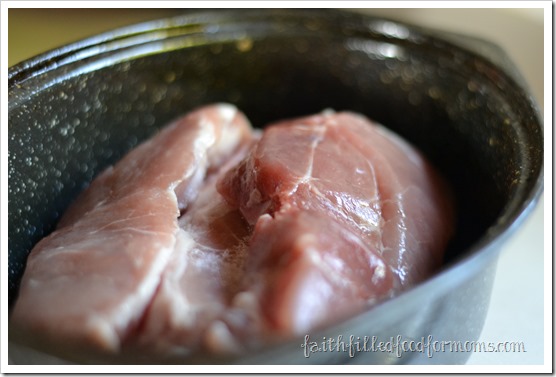 Easy Roasted Pork Sandwich Thick pork chops in a roasting pan.