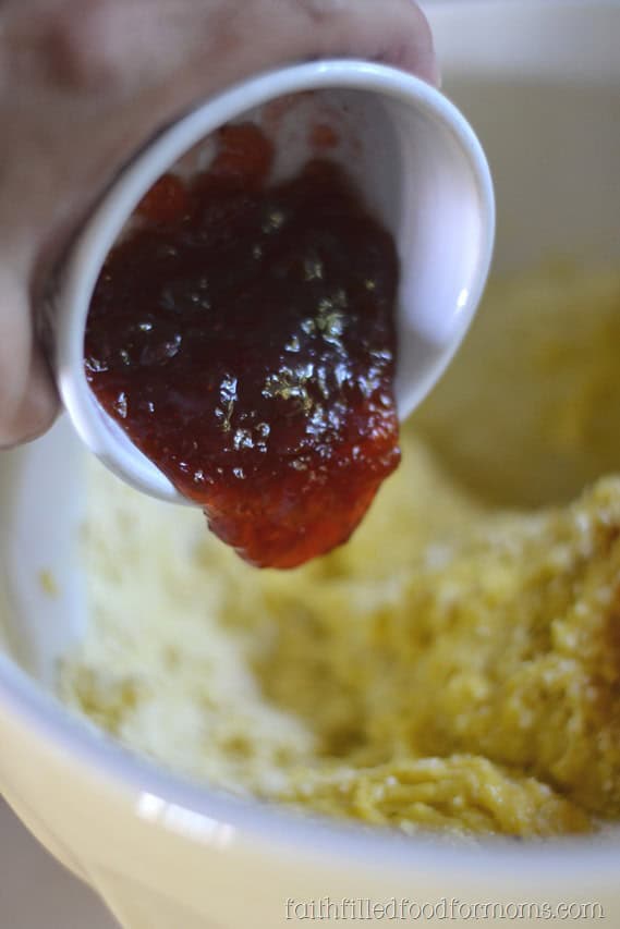 strawberry lemon cake cookies Pouring All Fruit Strawberry Jam into a Lemon Cake Mix Batter for Lemon Strawberry Cake Mix Cookies.