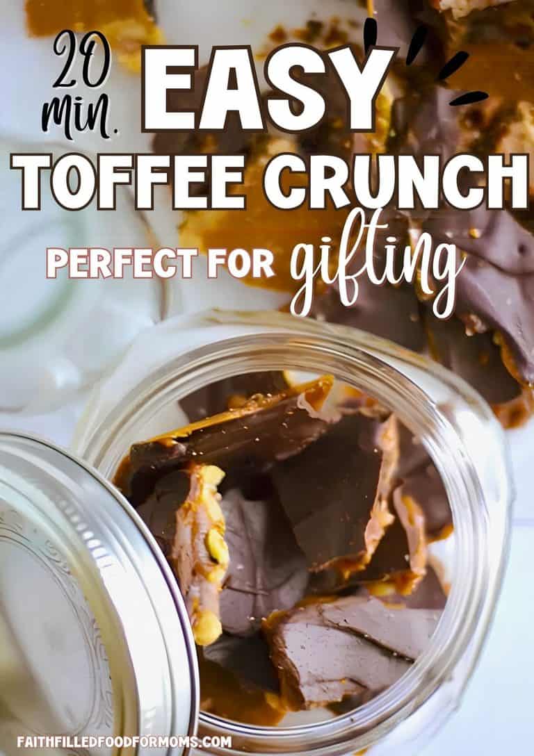 A batch of Homemade Toffee Crunch in mason jar for an easy gift.