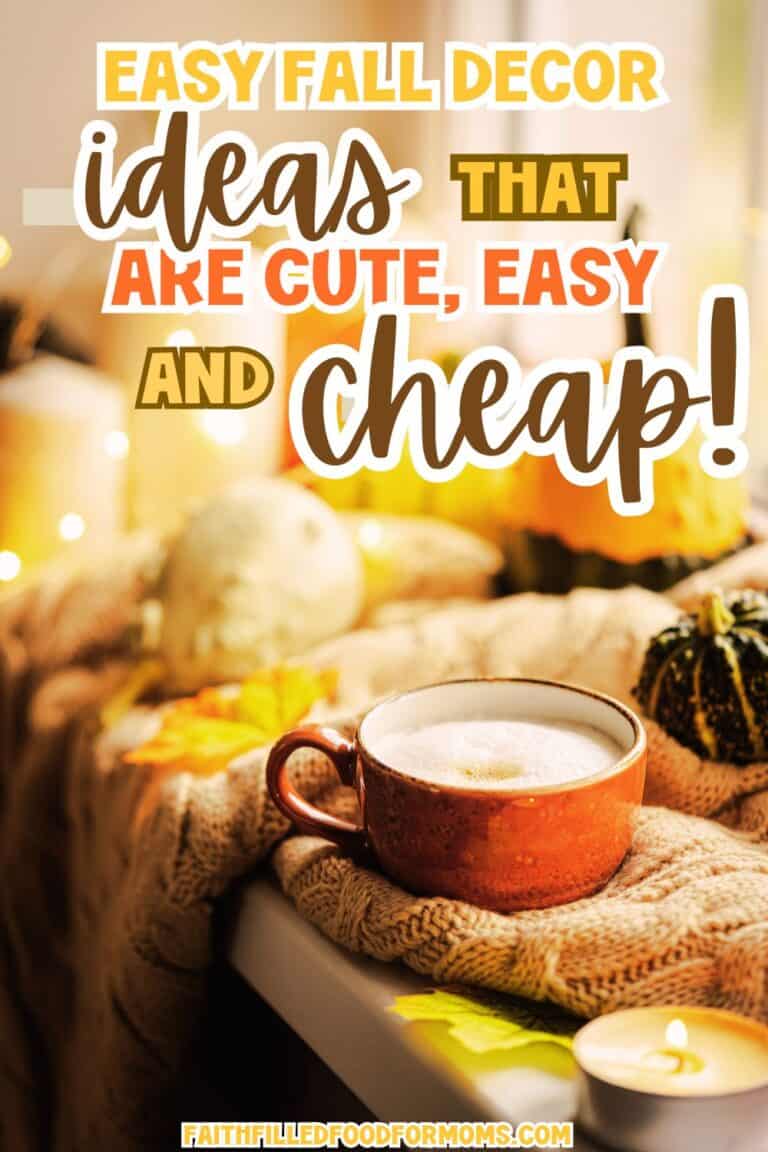 Fall decorations with a yummy cup of coffee in an orange cup, white candles and pumpkins in the background