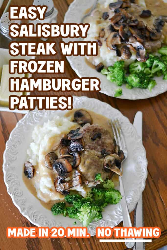 Homemade Salisbury steak with mushroom gravy and broccoli on a white plate.