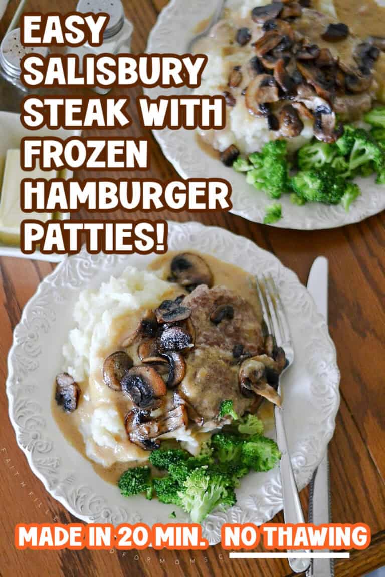 Homemade Salisbury steak with mushroom gravy and broccoli on a white plate.