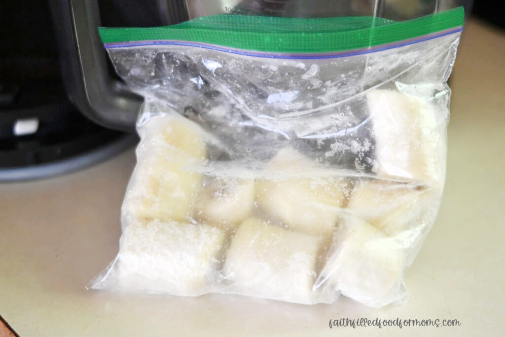 frozen bananas in a freezer baggie for making banana ice cream