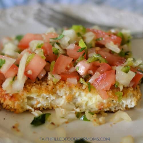 Homemade Crispy Chicken Patty with pico de gilo on top