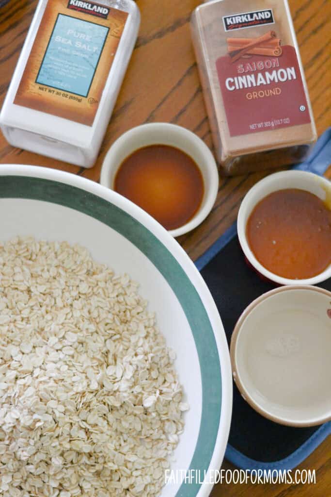 healthy granola recipe ingredients for granola recipe, whole oats, coconut oil, vanilla, honey, salt, cinnamon