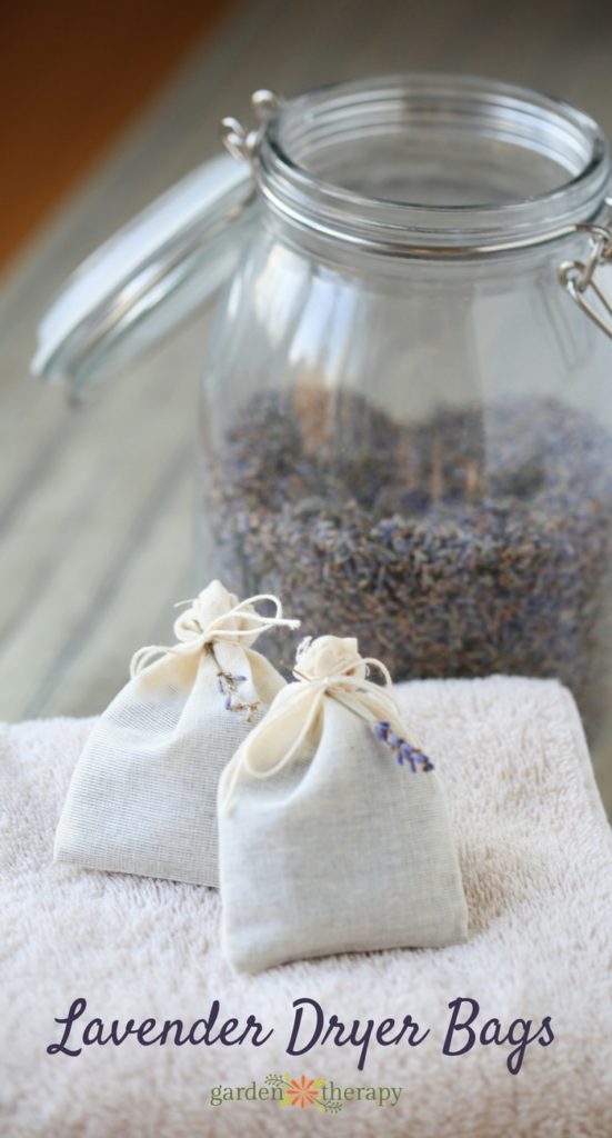 Mason jar full of dried Lavender. Two little bags with Lavender Dryer Bags