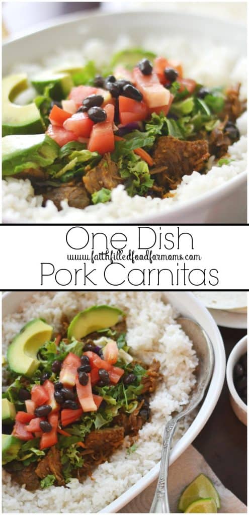 Pork Carnitas in a white baking dish with avocados, black beans, white rice, and lettuce all in one dish.