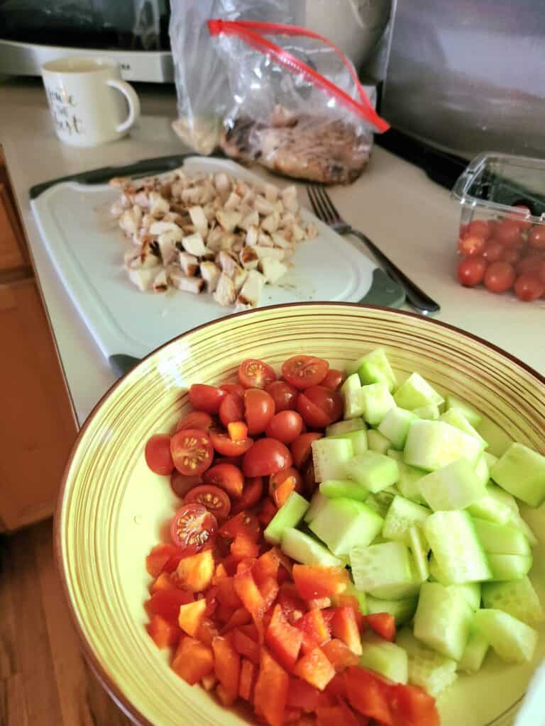 chopped ingredients for pasta salad recipe