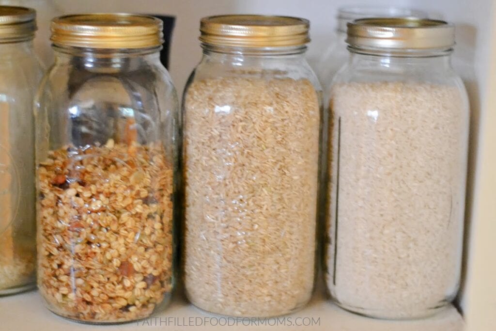 Stovetop Granola stored in mason jar in the pantry.