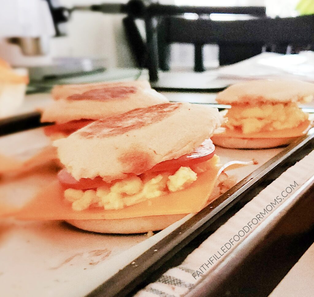 how to make freezer breakfast sandwiches Close up of Canadian bacon breakfast sandwiches