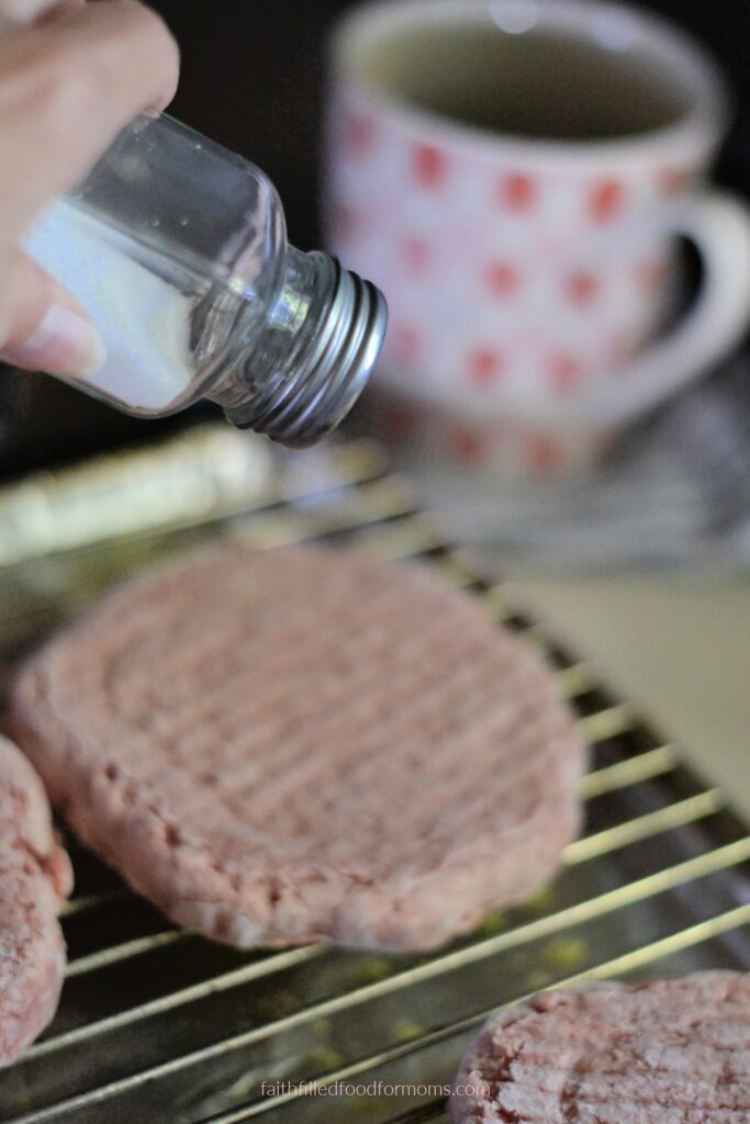 Seasoned frozen hamburger patties Frozen hamburger patties seasoned before baking in the oven.